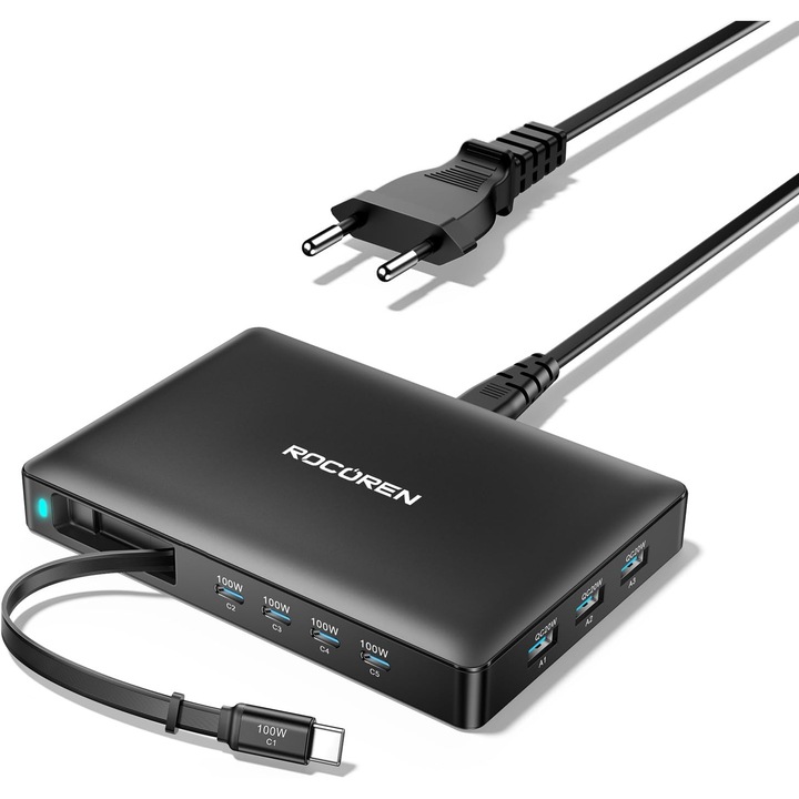 Rocoren 8 az 1-ben GaN 100W PD többeszközös töltőállomás, beépített 80 cm-es visszahúzható USB-C kábel, PD 3.0 / QC 4.0 / PPS gyorstöltés, kompatibilis iPhone 17/16/15, MacBook, Samsung Galaxy, Pixel, laptopok és tabletek
