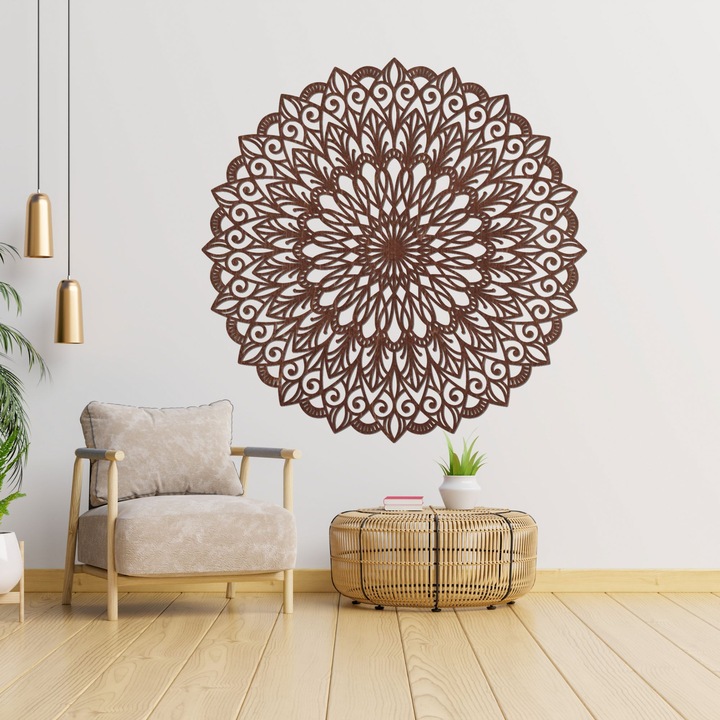 Mandala fából falra 120 cm - Nagy faragott dekoráció nappaliba / hálószobába, 3D hatás, szín - barna