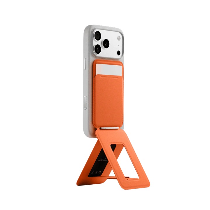 Moft, Portofel magnetic si suport tripod pentru telefon din piele ecologica, compatibil MagSafe, cu buzunar card si suport reglabil Movas Snap Tripod, Portocaliu
