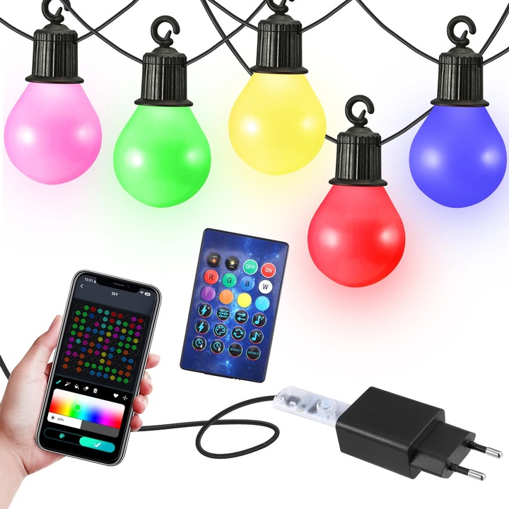 Ghirlanda luminoasa LED pentru gradina, Festoon cu becuri glob, 30 m, IP45 rezistenta la apa, exterior si interior, alimentare AC, baterii incluse