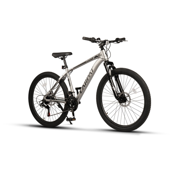 Bicicleta MTB de munte Carpat Spartan 2.6 JSXC2699G, Shimano, Manete Rotative, Frane Disc, Cadru aluminiu cu cabluri integrate, 21 Viteze, gri/negru