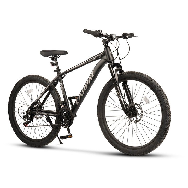Bicicleta MTB de munte Carpat Spartan 2.6 JSXC2699G, Shimano, Manete Rotative, Frane Disc, Cadru aluminiu cu cabluri integrate, 21 Viteze, negru cu gri