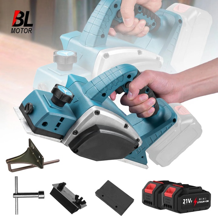Rindea electrica, Rindea cu acumulator, 1000 W, 15000 rpm, Motor fara perii, Portabila de mana, Cu 2 acumulatori