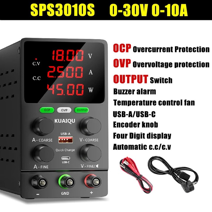 Лабораторно DC захранване, SPS3010S 30V 10A, регулируемо 0-30V 0-10A, OVP/OCP защити, 4-цифрен дисплей, изходен превключвател, 2x USB