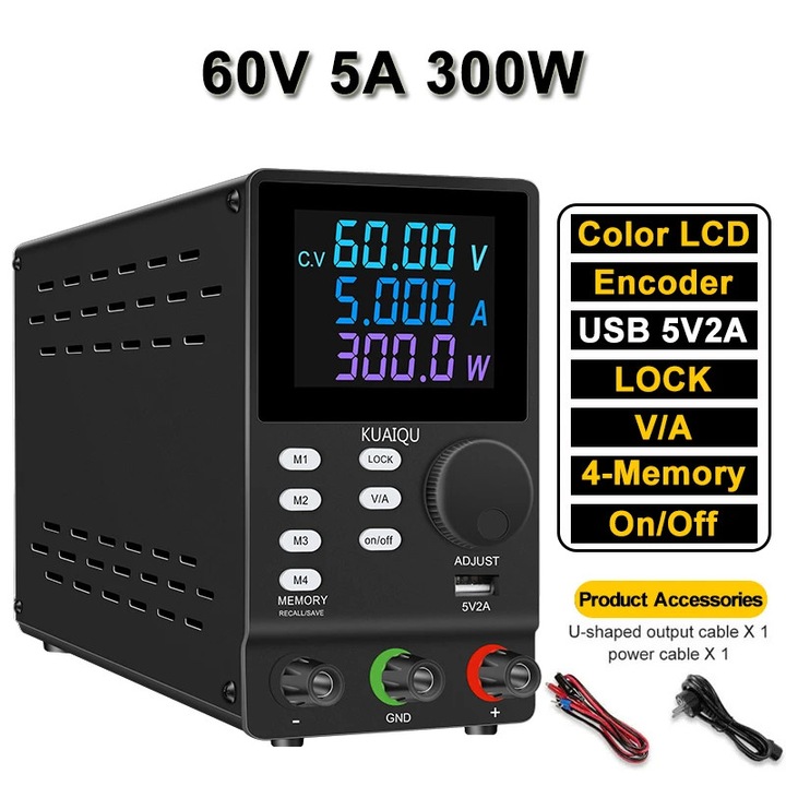 Лабораторно DC захранване, SPPS605D 60V 5A, Регулируемо напрежение/ток, LCD дисплей, Памет M1–M4, Единичен изход, 220V AC, EU щепсел