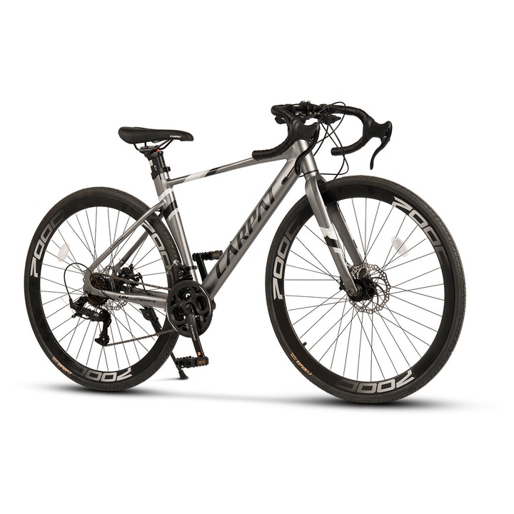 Шосеен велосипед Carpat JSXC28582G 28" Aero 700C, Аеродинамична алуминиева рамка, Последователни команди, Дискови спирачки, 24 скорости, сив с черен
