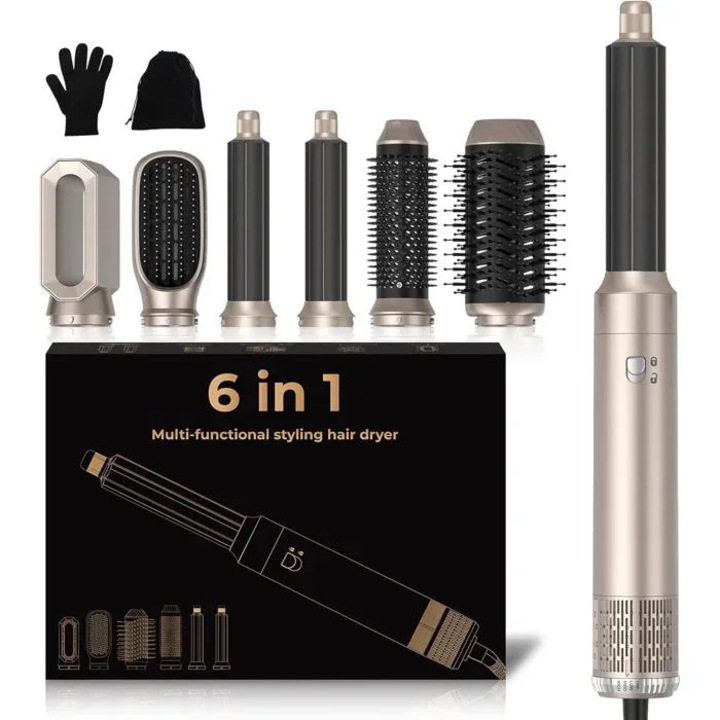 Perie de par electrica 6 in 1, 1000W, multifunctionala, negru