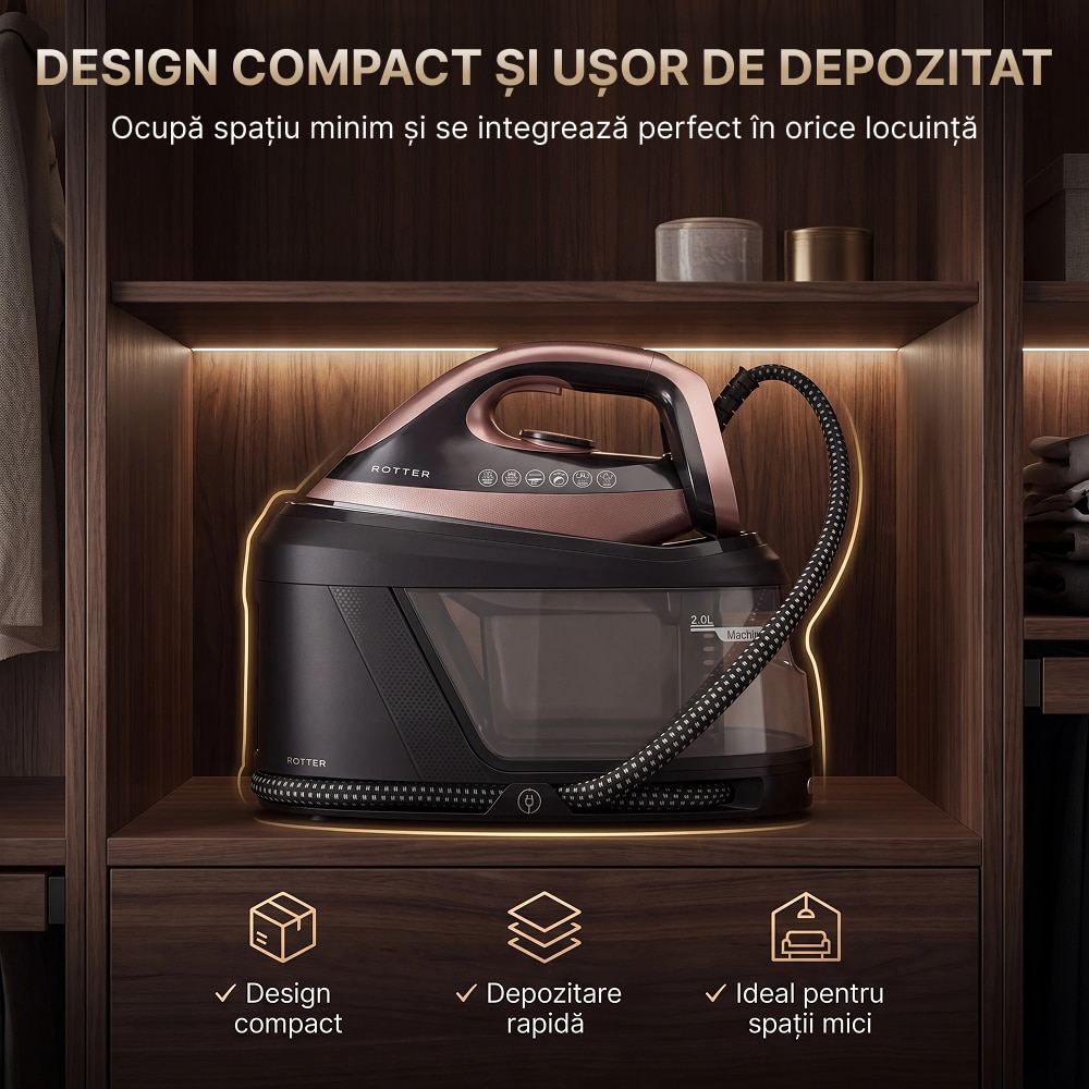 Statie de calcat cu aburi ROTTER® STEAM, Aparat de calcat 3100W, Statie steam 8 bari, Rezervor apa detasabil 2L, Fier cu jet abur 150-200 g/min, Aparat de calcat cu auto-curatare, anti-calcar, Steam calcare verticala, Oprire automata, ECO, Maro/Auriu