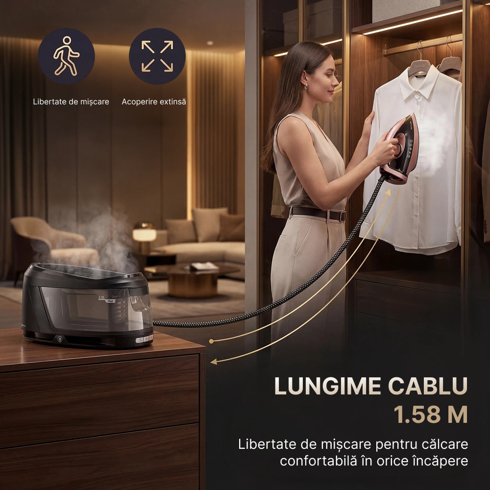 Statie de calcat cu aburi ROTTER® STEAM, Aparat de calcat 3100W, Statie steam 8 bari, Rezervor apa detasabil 2L, Fier cu jet abur 150-200 g/min, Aparat de calcat cu auto-curatare, anti-calcar, Steam calcare verticala, Oprire automata, ECO, Maro/Auriu