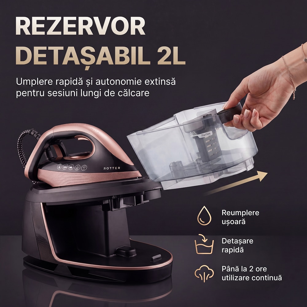 Statie de calcat cu aburi ROTTER® STEAM, Aparat de calcat 3100W, Statie steam 8 bari, Rezervor apa detasabil 2L, Fier cu jet abur 150-200 g/min, Aparat de calcat cu auto-curatare, anti-calcar, Steam calcare verticala, Oprire automata, ECO, Maro/Auriu