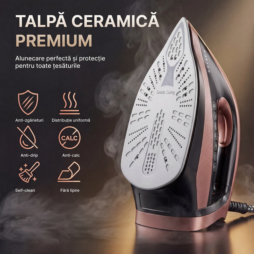 Statie de calcat cu aburi ROTTER® STEAM, Aparat de calcat 3100W, Statie steam 8 bari, Rezervor apa detasabil 2L, Fier cu jet abur 150-200 g/min, Aparat de calcat cu auto-curatare, anti-calcar, Steam calcare verticala, Oprire automata, ECO, Maro/Auriu