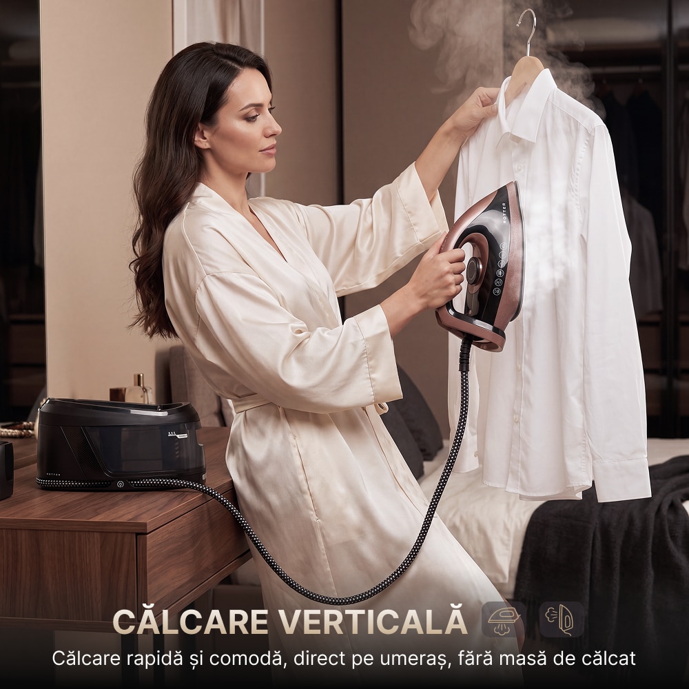 Statie de calcat cu aburi ROTTER® STEAM, Aparat de calcat 3100W, Statie steam 8 bari, Rezervor apa detasabil 2L, Fier cu jet abur 150-200 g/min, Aparat de calcat cu auto-curatare, anti-calcar, Steam calcare verticala, Oprire automata, ECO, Maro/Auriu