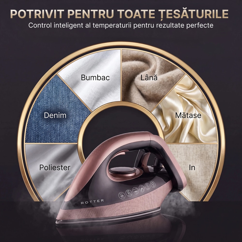 Statie de calcat cu aburi ROTTER® STEAM, Aparat de calcat 3100W, Statie steam 8 bari, Rezervor apa detasabil 2L, Fier cu jet abur 150-200 g/min, Aparat de calcat cu auto-curatare, anti-calcar, Steam calcare verticala, Oprire automata, ECO, Maro/Auriu