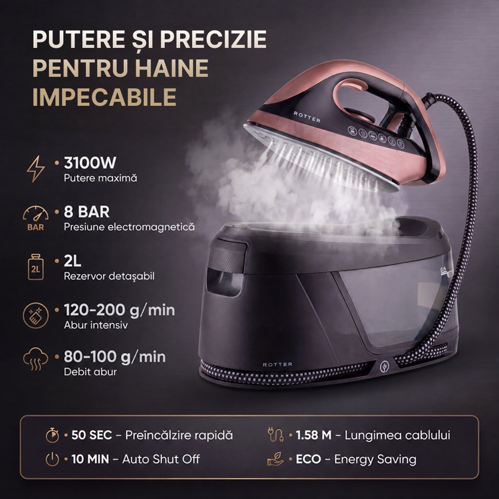 Statie de calcat cu aburi ROTTER® STEAM, Aparat de calcat 3100W, Statie steam 8 bari, Rezervor apa detasabil 2L, Fier cu jet abur 150-200 g/min, Aparat de calcat cu auto-curatare, anti-calcar, Steam calcare verticala, Oprire automata, ECO, Maro/Auriu