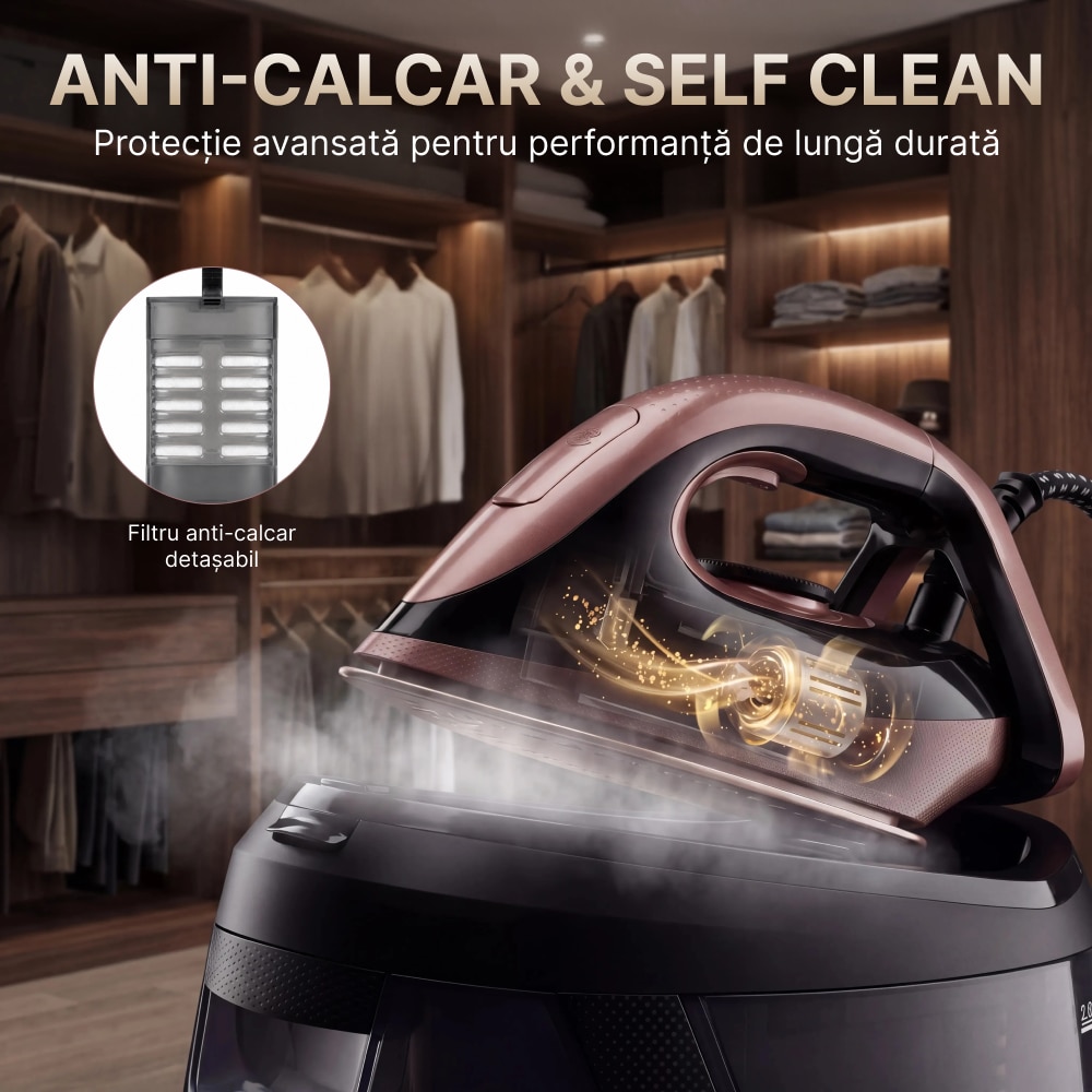 Statie de calcat cu aburi ROTTER® STEAM, Aparat de calcat 3100W, Statie steam 8 bari, Rezervor apa detasabil 2L, Fier cu jet abur 150-200 g/min, Aparat de calcat cu auto-curatare, anti-calcar, Steam calcare verticala, Oprire automata, ECO, Maro/Auriu
