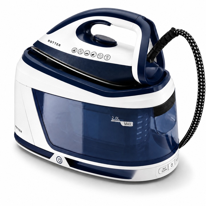 Statie de calcat cu aburi ROTTER® STEAM, Aparat de calcat 3100W, Statie steam 8 bari, Rezervor apa detasabil 2L, Fier cu jet abur 150-200 g/min, Aparat de calcat cu auto-curatare, anti-calcar, Steam calcare verticala, Oprire automata, ECO, Alb/Albastru