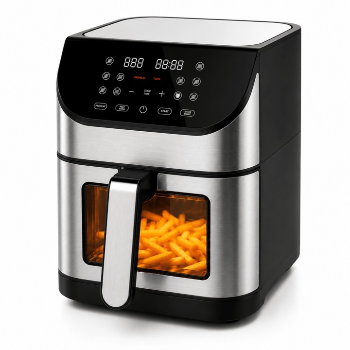 Forrólevegős sütő/Airfryer XXL 8L, 1800W, LCD kijelző, betekintő ablak, 10 program, intelligens elektronikus termosztát, időzítő: 1 – 60 perc, fekete/ezüst