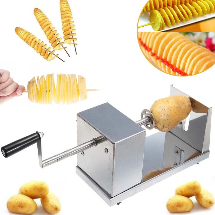 Feliator Manual Din Otel Inoxidabil Cu Picioare Antiderapante Din Cauciuc, Taie Cartofi Spiralat, Aparat De Feliat Cartofi Si Legume, Operare Simpla Prin Rotire, Pentru Acasa Restaurant Hotel