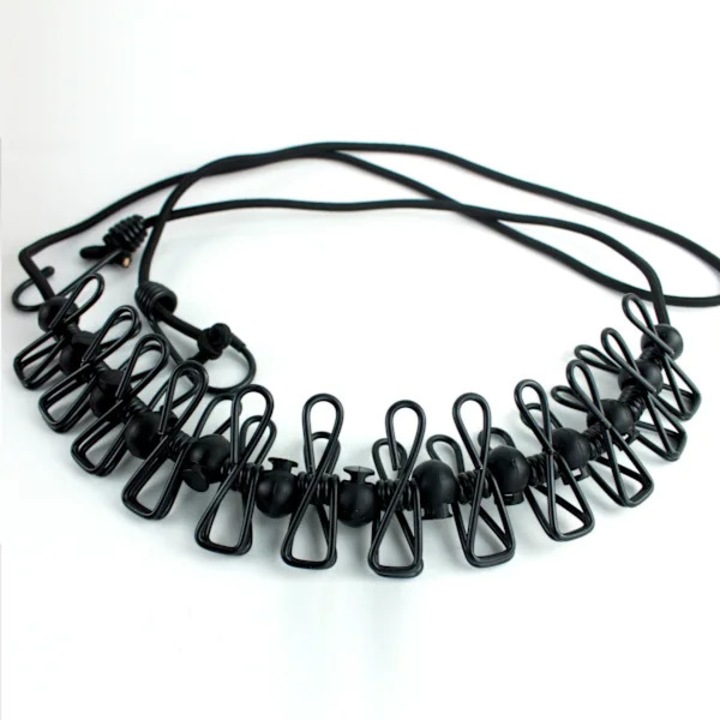 Sfoara de rufe/snur pentru rufe de calatorie, elastica, cu 12 cleme si carlige, negru, 1.8 m, 2 bucati