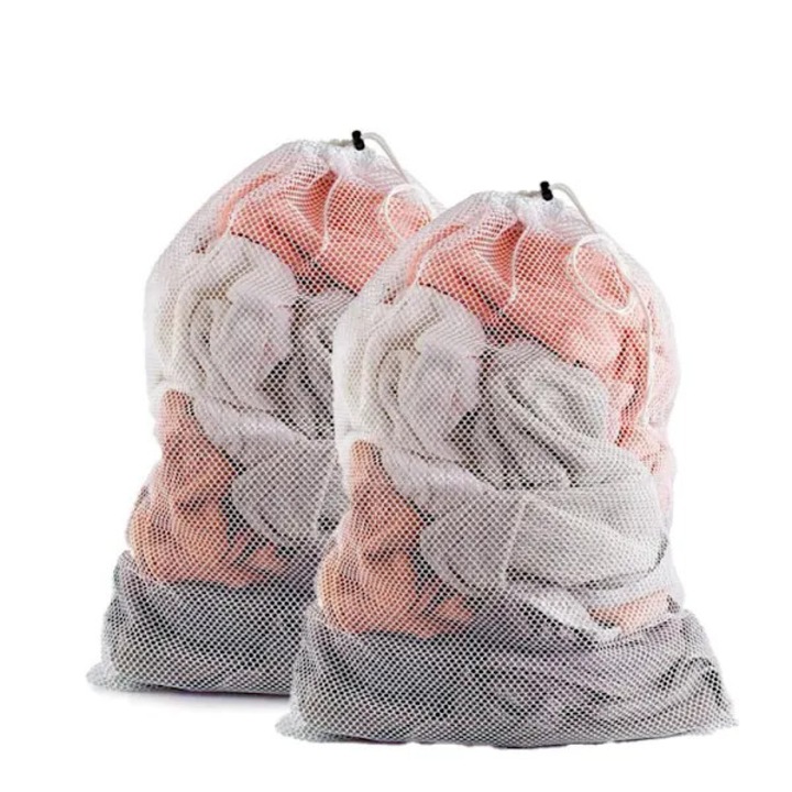 Set 2 bucati, Sac pentru rufe din plasa poliester, cu snur de strangere si rezistent, Alb, 2 x 60x90 cm