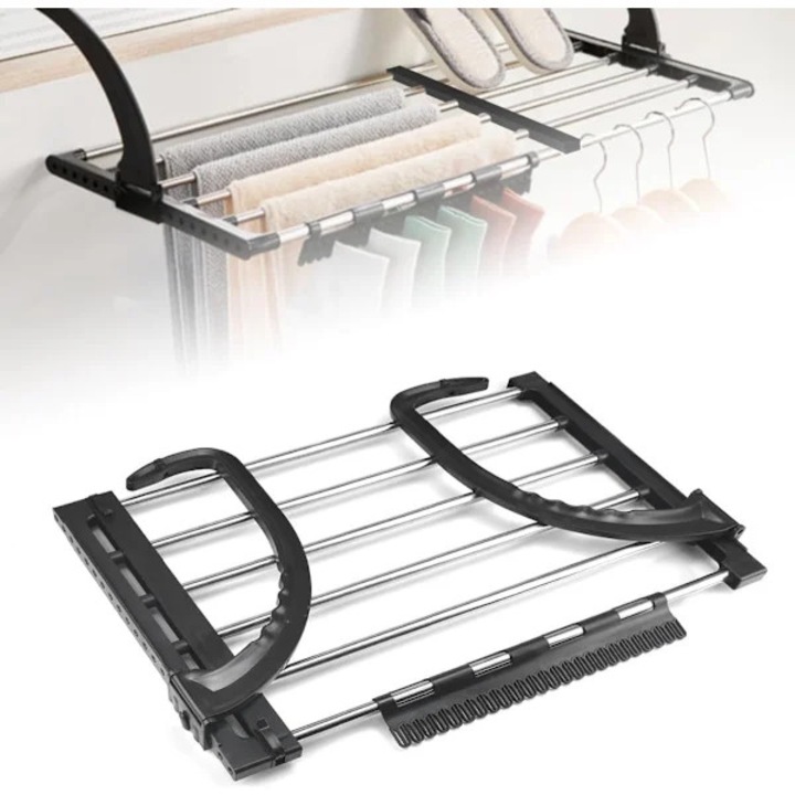 Uscator rufe balcon 51-95 cm, retractabil si pliabil, suport uscat rufe din otel inoxidabil si plastic, cu clipsuri detasabile, capacitate 15kg, negru/argintiu, 1 buc