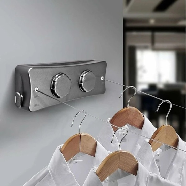 Uscator rufe retractabil montat pe perete, sistem cu sfoara extensibila de 5 m, capacitate 20 kg, cabluri inox 304, carcasa ABS si baza aluminiu, gri, 1 buc
