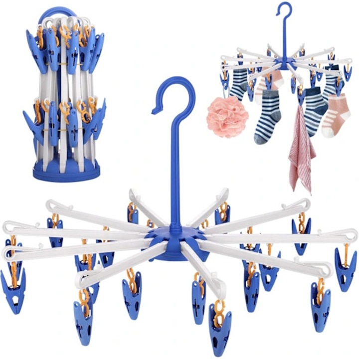 Set 2 uscatoare sosete albastre rotative pliabile 43x20cm cu 20 cleme