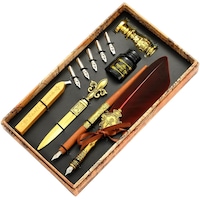 Set Stilou Vintage cu Pana, asskanaer, Set complet de stilouri de caligrafie, Cu 5 penite, pana, stilou din lemn, cutit, ceara pentru sigiliu, stilou din lemn, foca, cerneala, Varf 0.5 mm, Pentru afaceri, studiu si munca, 24.7*14.2*4 cm, Rosu