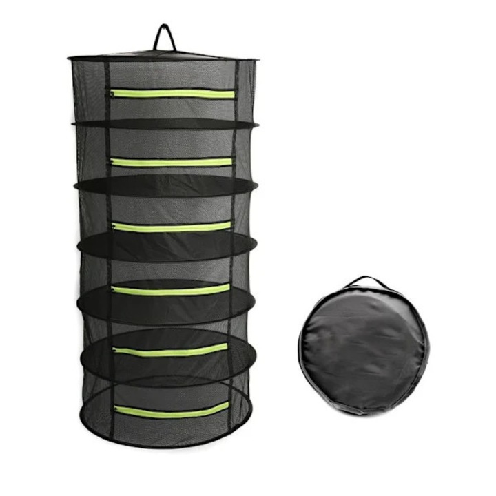 Plasa de uscare pentru plante, uscator suspendat pliabil 6 niveluri, din poliester, plasa din nylon de inalta densitate, cu fermoar anti-insecte si inele metalice, diametru 60 cm (pliat 25x25x8 cm), negru