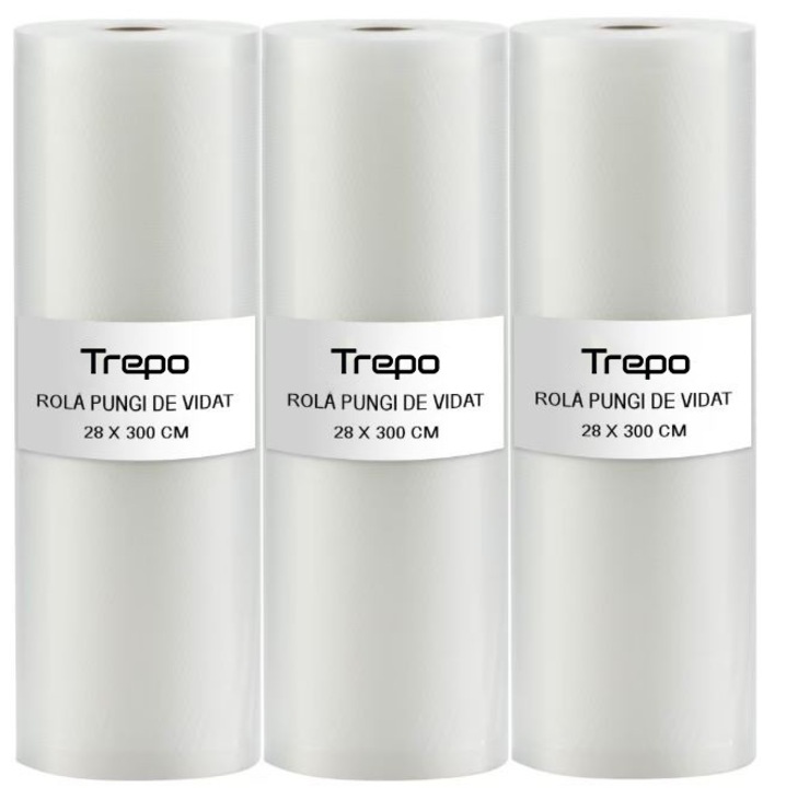 Set 3 Role Pungi de Vidat Gofrate TREPO®, 28 x 300 cm, Reutilizabile, Compatibile Sous-Vide, Compatibil cu toate modelele de aparate de vidat, Lavabile, Fara BPA, Transparent