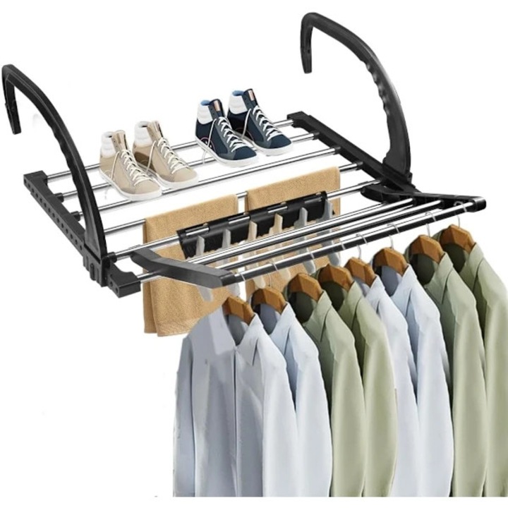 Uscator rufe, suport de uscare pentru balcon si calorifer, retractabil si pliabil, cu clipsuri detasabile, capacitate 15kg, argintiu/negru, 1 buc