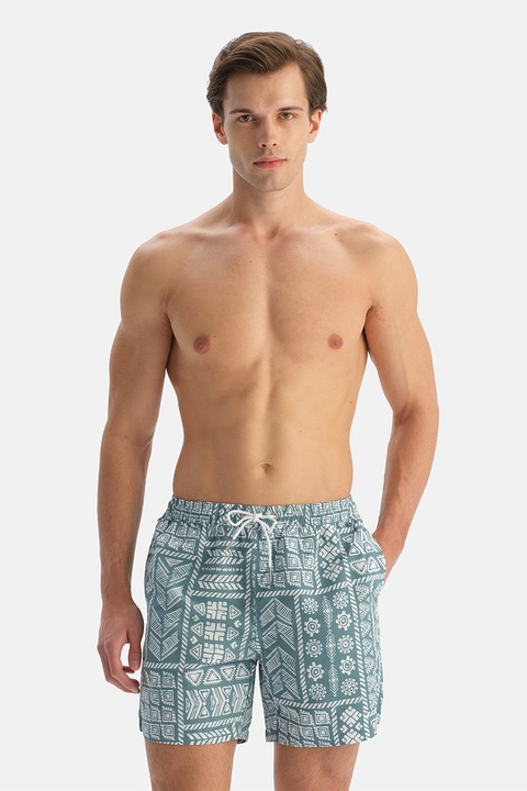 DAGI, Pantaloni scurti de baie cu model grafic, Alb optic, Albastru petrol, M