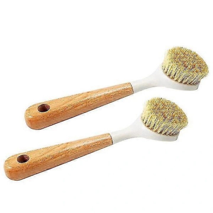 Set 2 bucati, Perie pentru vase, perie de bucatarie, maner din bambus, peri non-abrazivi si fara miros, cu racleta integrata, natural/alb