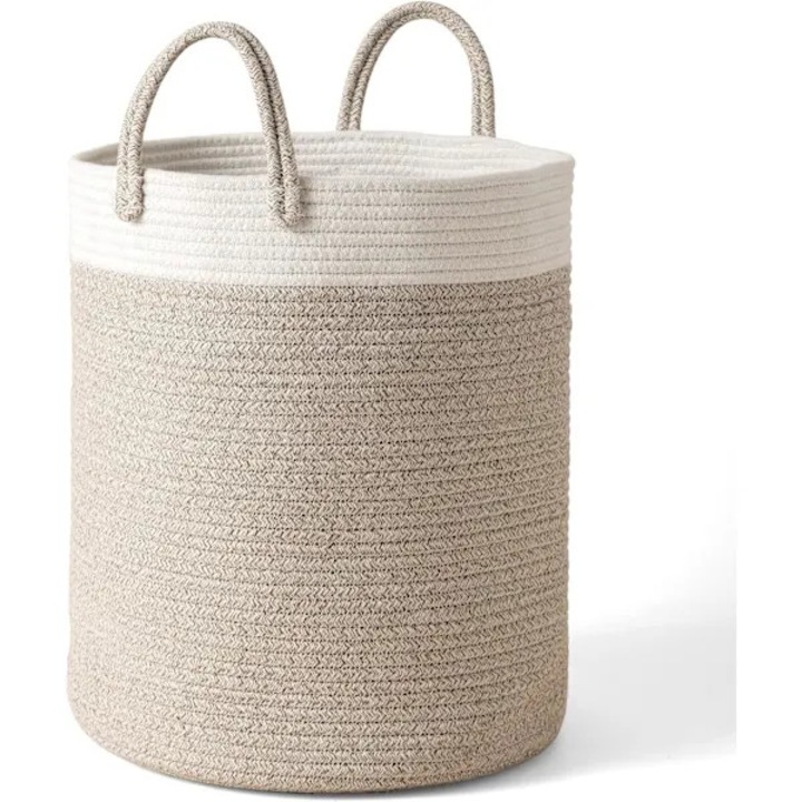 Cos rufe din bumbac, alb si bej, 40x36x36cm, capacitate mare, durabil