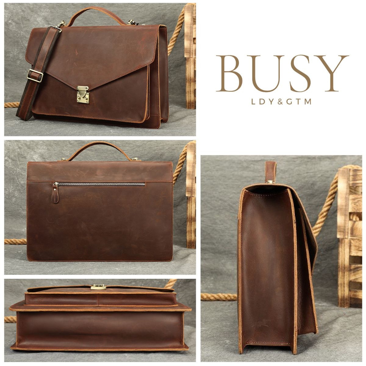 Servieta din piele naturala Crazy Horse, Laptop 15, 6 inch, Horizon, BUSY LDY&GTM®, maro