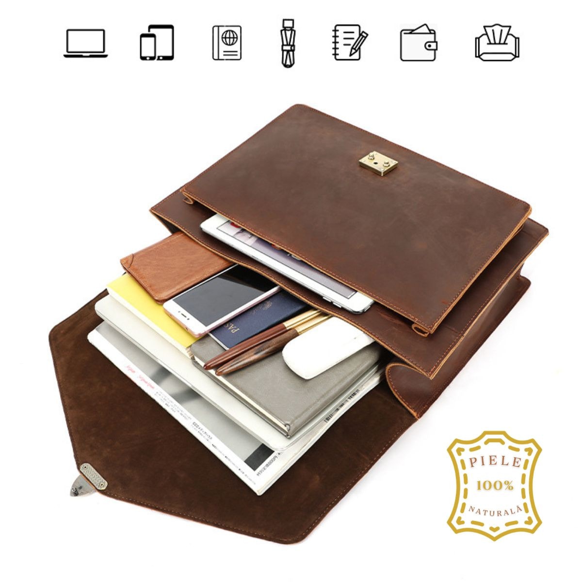 Servieta din piele naturala Crazy Horse, Laptop 15, 6 inch, Horizon, BUSY LDY&GTM®, maro