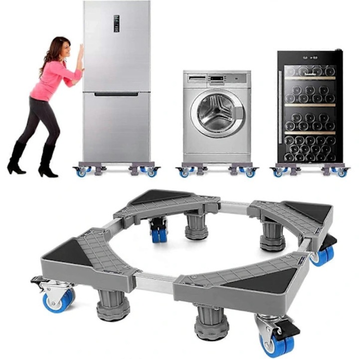 Baza reglabila pentru masina de spalat, suport mobil pentru frigider si uscator, otel inoxidabil si rasina, 8 picioare + 4 roti blocabile, reglabil 41.5-65 cm, capacitate 160-200 kg, anti-vibratii, gri/albastru, 1 buc.