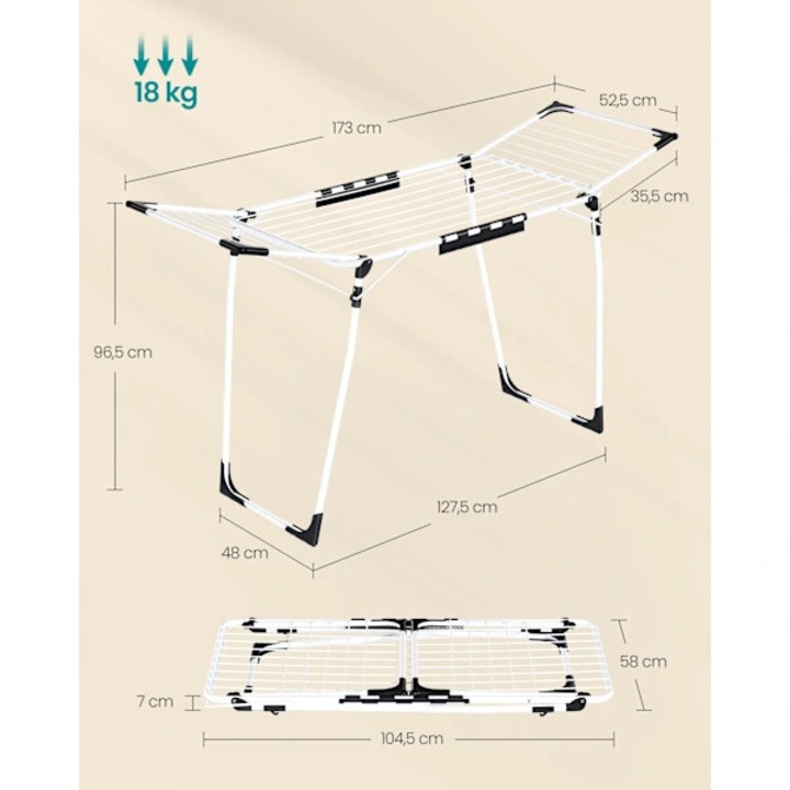 Uscator rufe, 56.5x173x96.5 cm, alb, capacitate mare, stabilitate sporita