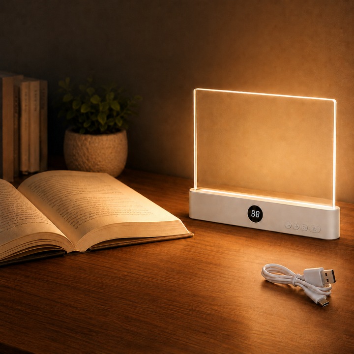 Lampa LED pentru citit carti, cu panou transparent HD, 3 moduri de lumina, luminozitate reglabila, temporizator, reincarcabila prin USB, alba
