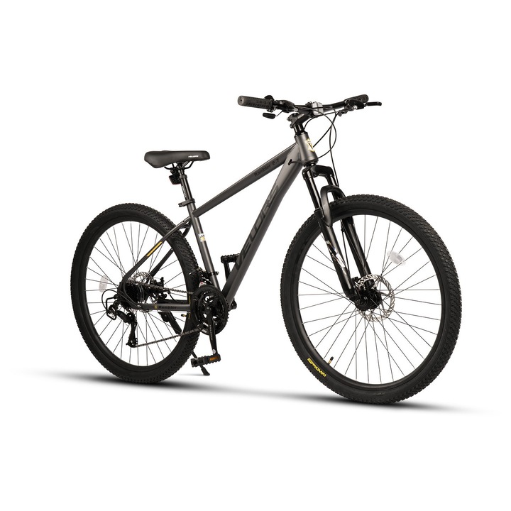 Bicicleta MTB de munte Velors Rambler JSX27310, cadru cu cabluri integrate, manete secventiale, suspensie fata, roata 27, 5 inch, frane Disc, 21 viteze, gri cu negru