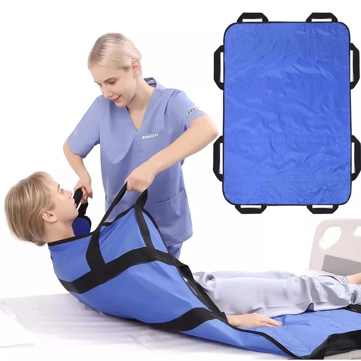 Saltea de transfer pacienti, AFKSMILE, Cu 8 manere, Usor de manipulat si transportat, Rezistent la uzura, Confortabil la atingere, Lavabil, Pentru mobilitatea si transferul persoanelor in varsta si al pacientilor, Panza Oxford 420D, 120*100cm, Albastru