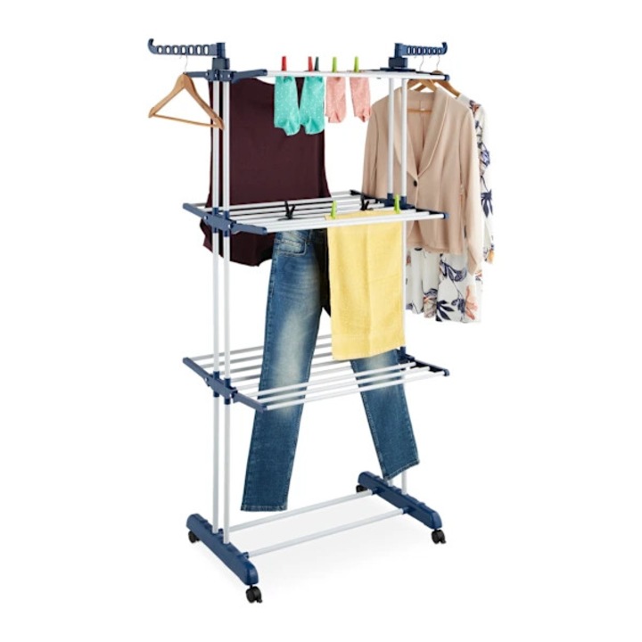 Uscator rufe pliabil, suport rufe mobil, 3 niveluri cu aripi laterale extensibile, umerase pivotante ascunse, cadru usor si rezistent, alb/albastru, 1 buc