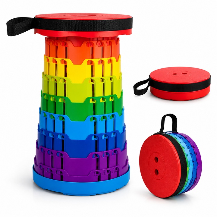 Scaun Rotund Telescopic, Extensibil 25-45 cm, Portabil, Ideal pentru pescuit, camping, gradina, Suporta Pana La 400 Kg, Multicolor