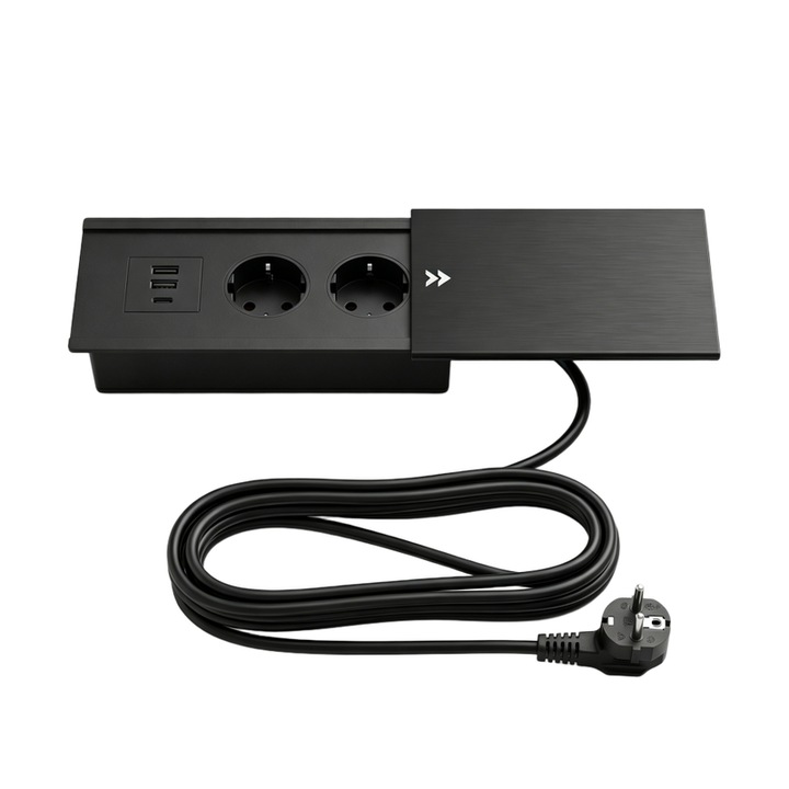 Priza de Birou cu 2 Prize Europene + 2 USB + Type-C, Cablu 1.8m, pentru Birou si Acasa, Culoare Negru