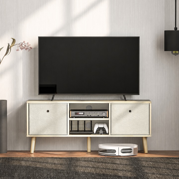 Comoda TV, 2 sertare din material textil, 2 rafturi deschise, orificii pentru cabluri, pentru TV pana la 127 cm, lungime 110 cm, bej