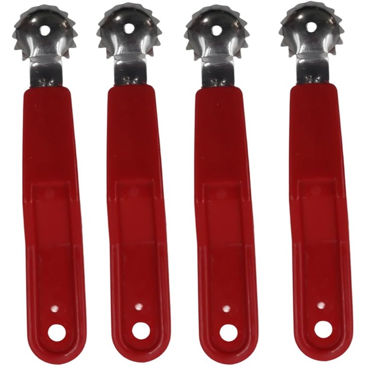 Set 4 bucati, Dispozitiv pentru scos cotor si scobitor pentru fructe, din otel inoxidabil, maner PP antiderapant, multifunctional pentru capsuni, rosii si ardei, Rosu