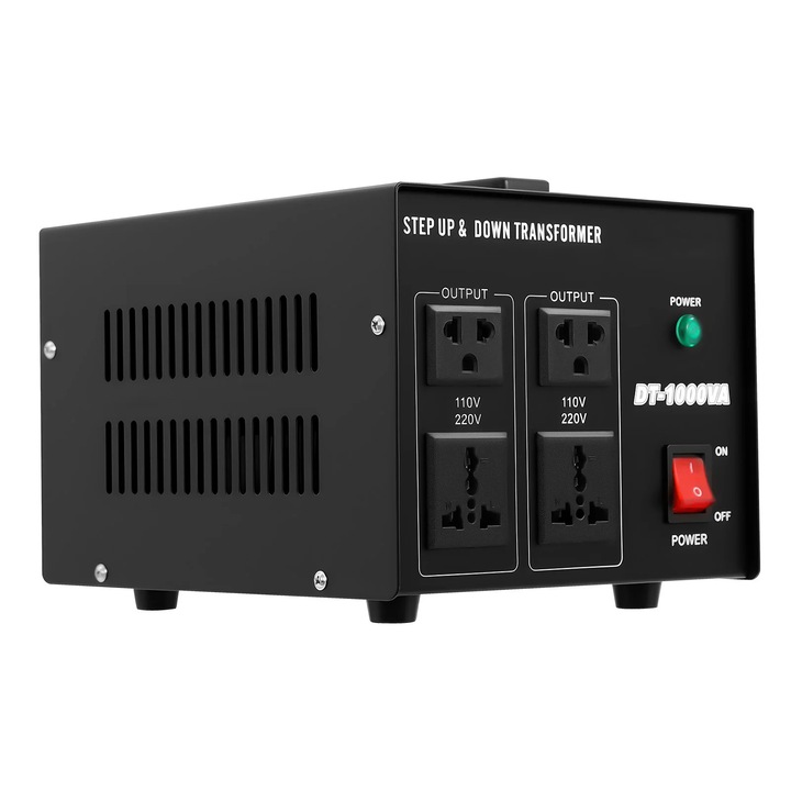 Преобразувател на напрежение, Повишаващ/понижаващ трансформатор Step Up & Step Down, 110V↔220V, 800 W, 1 kVA, Множествена защита, Черен