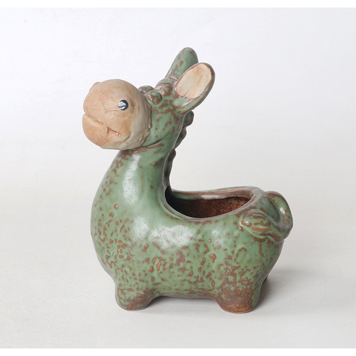 Ghiveci ceramic, vas decorativ Magar, din ceramica arsa la temperatura inalta, cu orificiu de drenaj, pentru suculente si cactusi, verde/maro, 1 buc