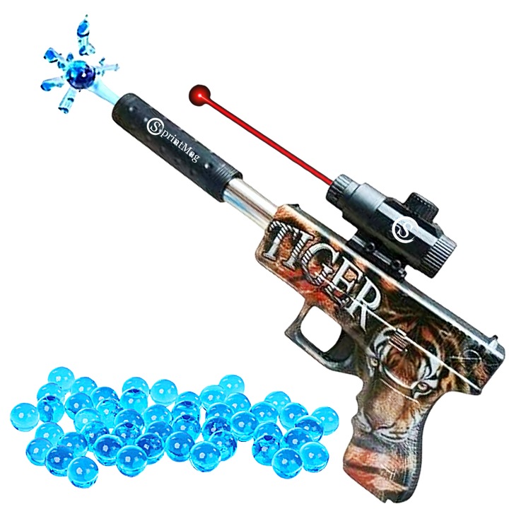 Pistol de Jucarie cu Bile Gel de Apa Amortizor si Laser Model CS Distanta de Tragere 10 Metri, Orbeez, Hidrogel, Blaster, Bombe Apa Skin Tigru SprintMag®