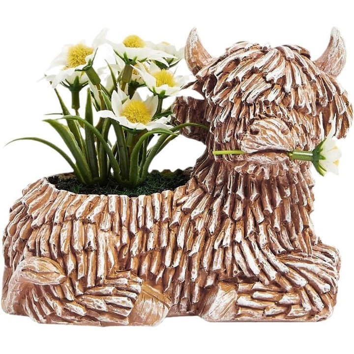 Ghiveci decorativ pentru suculente, vaca Highland, din rasina, cu scurgere si multifunctional suport pentru plante si periute, maro/crem, 1 buc